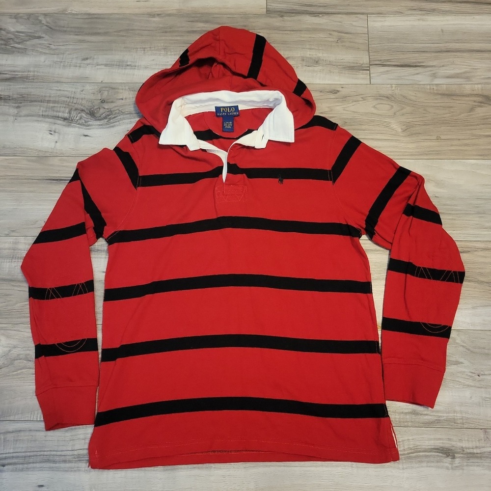 Polo Ralph Lauren Rugby Shirt Youth‎ 14-16 Red & Blue Striped Hoodie  Preppy